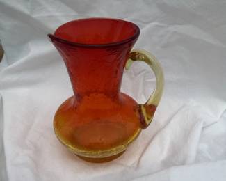 Amberina Red to Yellow Hand Blown art glass crackle pitcher