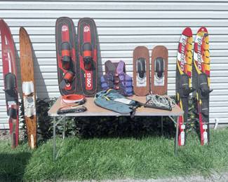 Vintage water skis and life vest