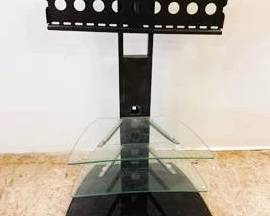 Modern Glass TV Stand – Black Metal Media Console with Shelving