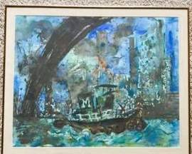 Abstract Harbor Landscape Painting – Signed Blue Coastal Expressionist Wall Art