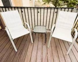 Outdoor Patio Chair Set – White Sling Chairs with Glass Accent Table