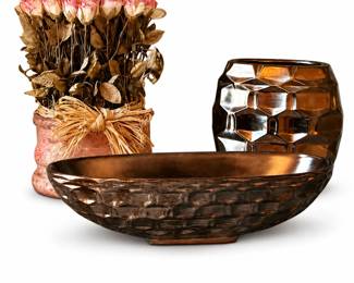 Rustic Farmhouse Decor Dried Roses, Hammered Metal Bowl & Amber Glass Candle Holder
