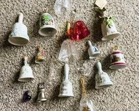 Vintage Collection of Decorative Hand Bells Featuring Porcelain and Glass Designs