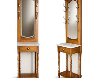 Vintage Oak Hall Tree Entry Stand – Marble Top, Coat Rack with Mirror