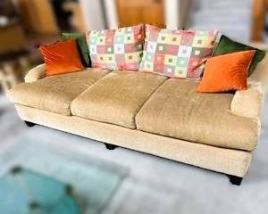 Contemporary Beige Sofa with Colorful Accent Pillows – Modern Upholstered Couch