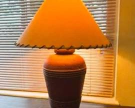 Ceramic Table Lamp – Earth Tone Pottery Accent Light with Fabric Shade