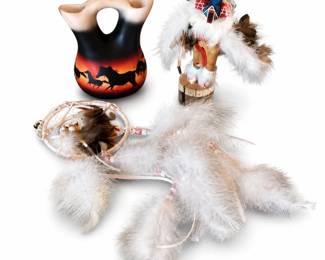 Native American Dreamcatcher, Kachina Doll and Navajo Wedding Vase Signed Maryboy Dine - Southwestern Artifacts