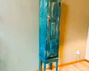Rustic Turquoise Narrow Cabinet – Southwestern Handcrafted Storage Cupboard with Distressed Finish