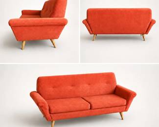 Authentic Mid Century Modern Loveseat Sofa – Vintage Danish Style in Coral Upholstery