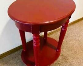 Red Accent Side Table – Oval Pedestal End Table with Storage Shelf