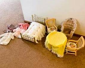 Vintage Doll Furniture & Accessories Lot – Miniature Wicker and Brass Bedroom Set