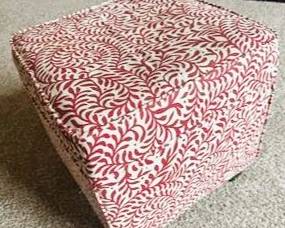 Compact Upholstered Storage Ottoman with Red and Beige Floral Pattern