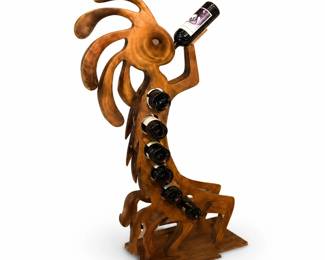 Modern Metal Wine Rack Sculpture – Signed Kokopelli Style Wine Bottle Holder