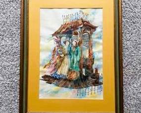 Signed Watercolor Painting – Framed Figurative Folk Art Wall Décor