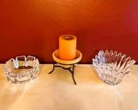 Vintage Crystal Glass Bowls & Candle Holder Set – Elegant Tabletop Home Décor Collection