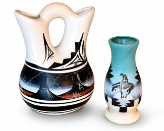 Hand Painted & Etched Navajo Wedding Vase & V. Warren Dineh hand-painted Navajo pottery vase
