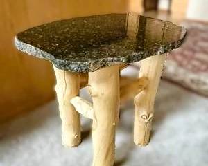 Rustic Granite Top Log Stool – Handmade Natural Wood Accent Table