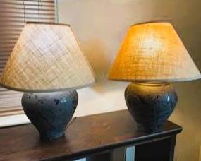Matching Ceramic Table Lamps – Rustic Blue Gray Accent Lamps Set of 2