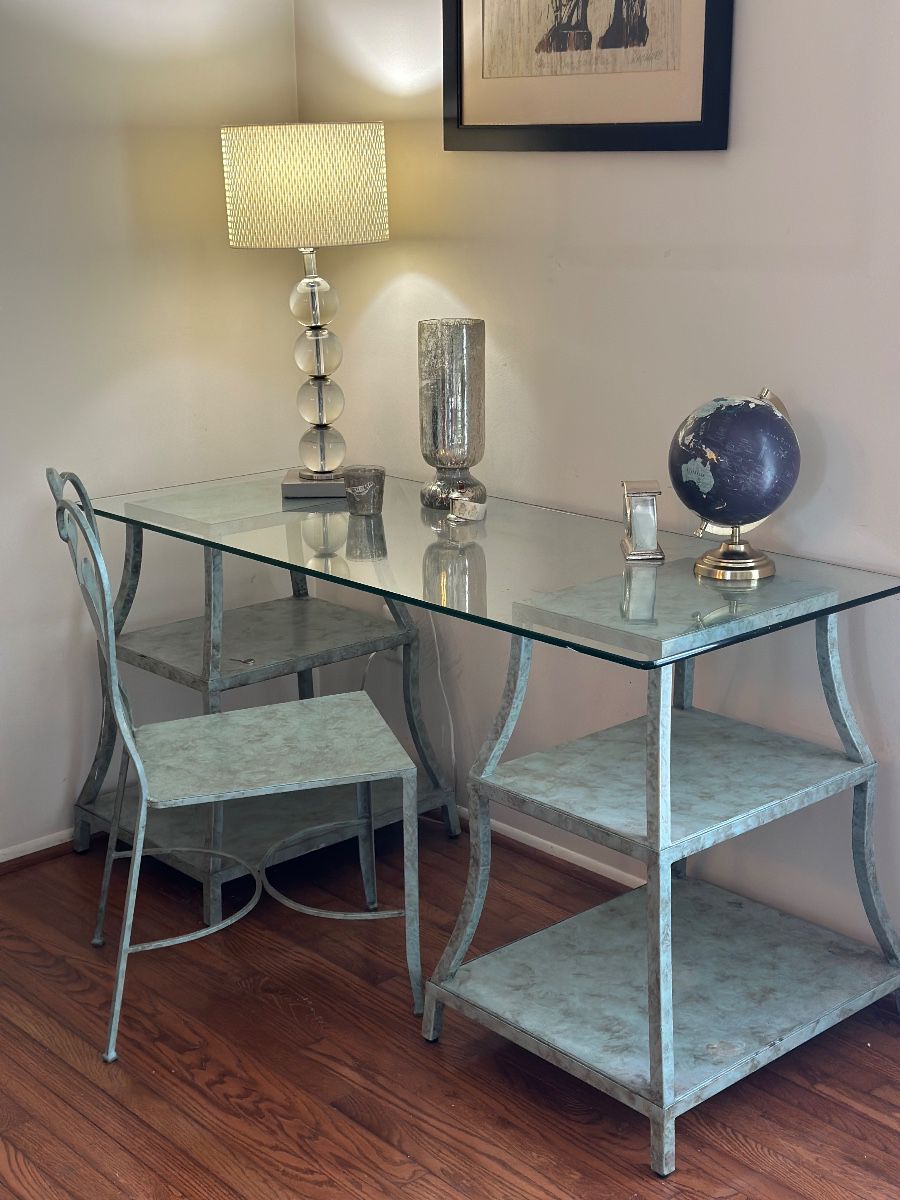 Modern metal desk with glass top with matching chair