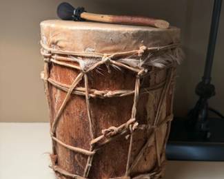 Handmade Native American Indian Drum - Hollowed Out Log and Stretched Rawhide with Beater