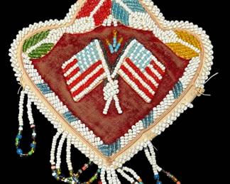 1800's Native American Iroquois Beaded Heart with American Flags Pin Cushion