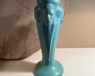 1940's VAN BRIGGLE 3 Head Native American Turquoise Vase by Lucille Larson