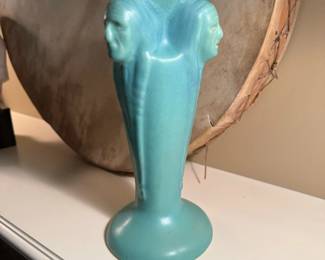 1940's VAN BRIGGLE 3 Head Native American Turquoise Vase by Lucille Larson