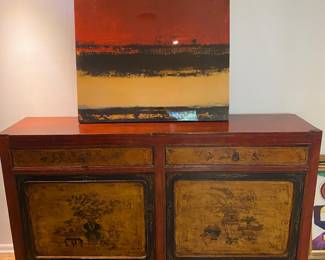 Beautiful credenza (77”W x 45”H x 17.5”D)  with lacquered abstract canvas 