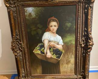 Large framed oil painting of girl with grapes 39” x 51”