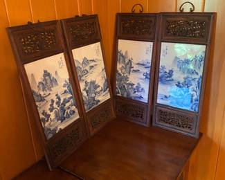Two pairs of Asian ceramic blue and white on wood
