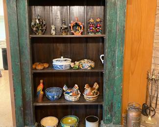 Striking green wooden shelf with intricate carving 7’3”H x 54”W x 17”D