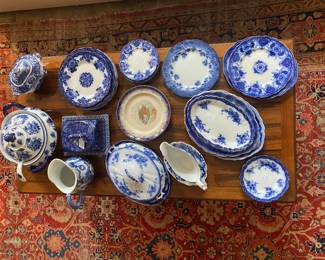 Several pieces of flow blue. Lots of different patterns. 
