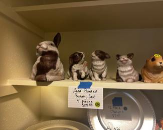 Hand painted bunny figurines, Silver Plate chargers
