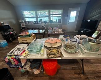 silverware, serving trays, petal shaped rotating Hors d'oeuvres station, casserole dishes, French onion soup crocks