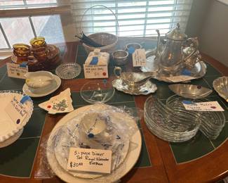 Silver plate coffee service and milk glass candy dish and other vintage dishes