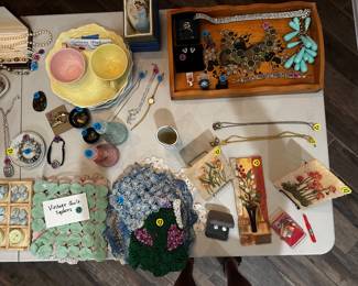 Doilies, Tic Tak Toe set, Quilt squares, Vintage jewelry, Taylor Smith and Taylor Leak Fantasy Plate and cup set