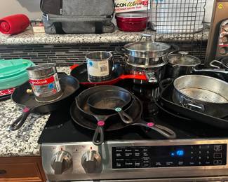 Cast Iron pots Stainless double boiler, springform pans, vintage Tupperware, flour sifters