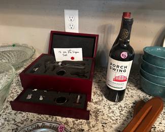 15 pc Wine opener in wooden box, Glass bowls, Pinoeer woman teal bowl set
