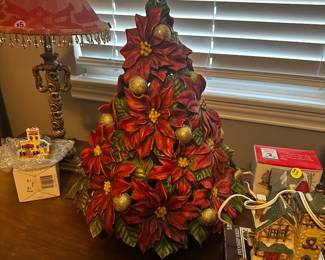Hand painted Poinsettia Christmas tree lamp
