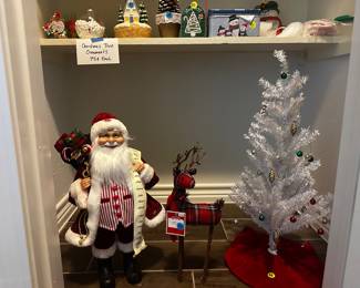 White Christmas tree, reindeer, Santa Ornaments, Christmas tins, Christmas scene music box decoration