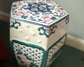 Chinese porcelain garden stool features a hexagonal shape with a chinoiserie floral design-plant stand-side table (Small)