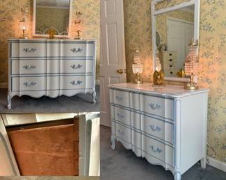 vintage French Provincial 6-drawer dresser with a matching mirror by Dixie Furniture, cream finish, blue accents, and cabriole legs