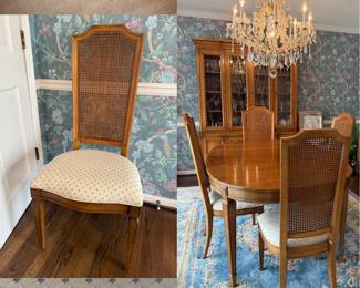  vintage Thomasville Furniture Cellini collection Italian Neoclassical or Provincial style Set 4 dining chairs,  cane back, traditional upholstered seat Dining Table with Leaf & Matching China Cabinet