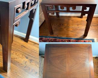 mahogany side table features distinct Asian-inspired scrolling fretwork motif-Chinoiserie 