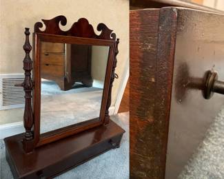 mahogany Chippendale-style shaving or vanity mirror, decorative arched crest, turned finials, and a multi-drawer base