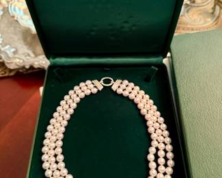 Triple Strand Akoya Pearls with 18k white gold and diamond clasp