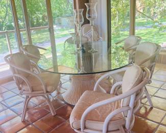 Sheaf of Wheat Rattan Oblong Glass Top,  Brown Jordan Rattan Chairs