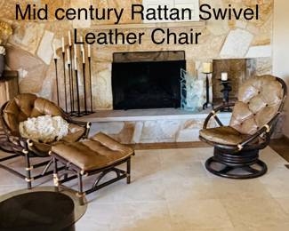 Mid-Century Rattan Swival Leather, Clark Casual Rattan Chair+Ottoman
