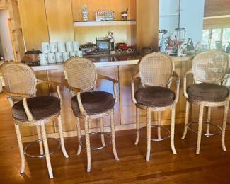 Regency Carved Wood and Cane Swival Bar Stools