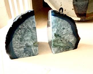Blue agate geode book ends